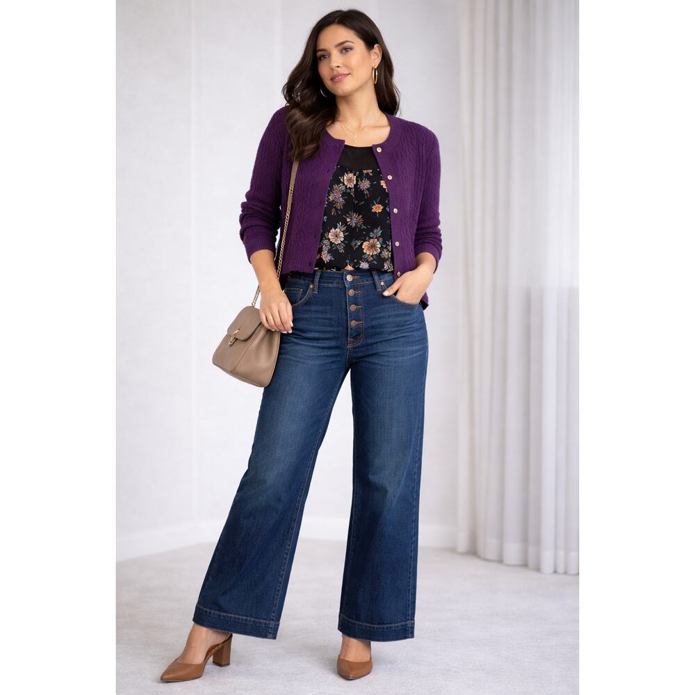 Womens Size Medium 3 Piece Outfit Purple Cropped Cardigan Floral Blouse Jeans